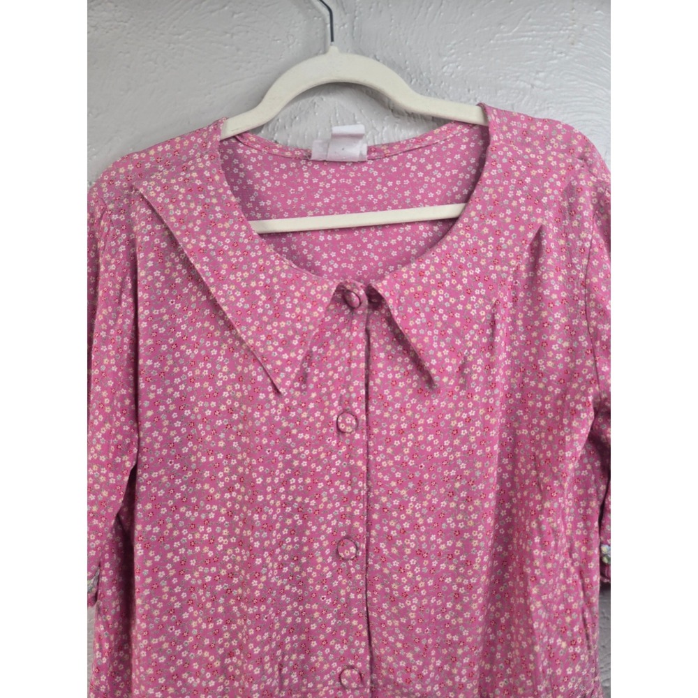 VTG Cottagecore Ditsy Floral Button Up Blouse Top L Pink Peterpan Collar Shirt - Picture 4 of 11